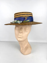 Load image into Gallery viewer, Original 1930's 1940's Blue Stripe Straw Hat with Floral Trim - Perfect Summer Hat *
