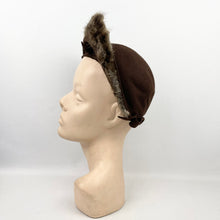 Load image into Gallery viewer, Original 1940's Brown Felt Hat with High Brim Trimmed with Genuine Fur and Smart Bows *