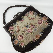 Load image into Gallery viewer, Original 1930’s 1940’s Large Wool Work Embroidered Bag with Leather Handle - Beautiful Vintage Handbag