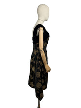 Load image into Gallery viewer, Original 1950's Elizabeth Henry of London Black and Metallic Gold Wiggle Cocktail Dress with Back Drapes - Bust 36