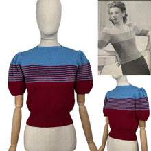 Load image into Gallery viewer, Reproduction 1940's Striped Jumper in Ruby Red and Niagra Blue with Full Puff Sleeves - Bust 34 36