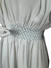Load image into Gallery viewer, Original 1940's White Crepe Dressing Robe with Ice Blue Smocking Detail - Bust 34 36 *