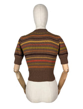 Load image into Gallery viewer, Reproduction 1930's Brown Hand Knitted Alpaca Wool Stripe Jumper with Puff Sleeves and Double Button Fastening - Bust 32 *