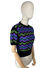Load image into Gallery viewer, Reproduction 1940’s Hand Knitted Feather and Fan Striped Jumper in Black, Purple, Teal and Neon Green - Bust 36 38 40 *