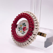 Load image into Gallery viewer, Original 1940's Red and Cream Wartime Make Do and Mend Wire Brooch with Painted Glass Button Middle