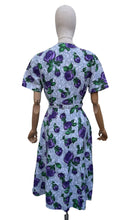 Load image into Gallery viewer, Original 1940’s 1950’s Belted Rose Print Cotton Day Dress in Grey, Purple and Green - Bust 40