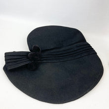 Load image into Gallery viewer, Original 1940's Black Felt Hat with Pleated Crown and Triple Pom-pom Trim *
