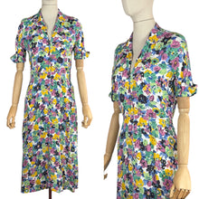 Load image into Gallery viewer, Original 1940's Bold Floral Crepe Day Dress in Pink, Green, Black and Yellow with Mother of Pearl Buttons - Bust 34
