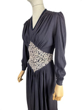 Load image into Gallery viewer, Original Late 1930's or Early 1940's Midnight Blue Crepe Day Dress with Long Sleeves and Amazing Soutache Waist Detail - Bust 34 35