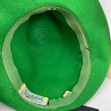 Load image into Gallery viewer, Original 1930's 1940's Vibrant Green Felt Fedora Hat with Black Grosgrain Trim and Rust and Green Hat Pin