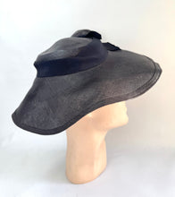 Load image into Gallery viewer, Original 1930's Dark Blue Straw Hat with Fluted Brim and Grosgrain Trim
