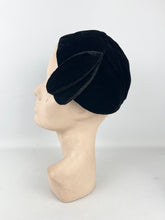 Load image into Gallery viewer, Original 1920's 1930's Black Cotton Velvet Close Fitting Hat with Leaf Trim *