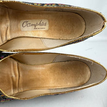 Load image into Gallery viewer, Original 1950’s Rainbow Floral Lounge Shoes with Gold Bow Trim - Charming Slippers - Size 5.5 or 6 *