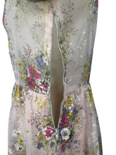 Load image into Gallery viewer, Original 1950's Pretty Pale Pink Nylon Dress with Floral Print in Blue, Yellow and White - Bust 36 37