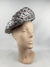 Load image into Gallery viewer, Original 1950's Silver Grey Lacquered Raffia Hat with Oversized Grosgrain Trim