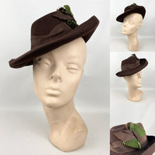 Load image into Gallery viewer, Original 1930's 1940's Dark Brown Felt Fedora Hat with Grosgrain Trim in Green and Brown with Fine Net