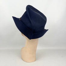 Load image into Gallery viewer, Original 1930’s 1940’s Blue Felt Tilt Fedora Hat with Pretty Rust Suede Trim *