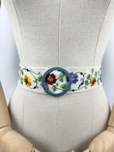 Load image into Gallery viewer, Original 1930's Embroidered Cream Linen Belt with Blue Buckle - Silk Flowers in Red, Purple, Mustard, Blue and Orange
