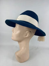 Load image into Gallery viewer, Original 1930's 1940's Blue Felt Fedora with Wide Ivory Grosgrain Band