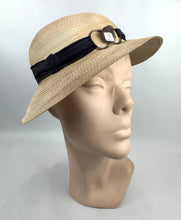 Load image into Gallery viewer, Original 1930's French Made Silk Lined Natural Straw Hat with Black Grosgrain and Metal Trim