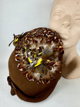 Load image into Gallery viewer, Original 1940's Brown Felt Bonnet Hat with Bird and Pheasant Feather Trim *