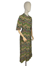 Load image into Gallery viewer, Original 1930's 1940's Green Crepe Day Dress with Floral Chevron Print in Red, Blue and Mustard