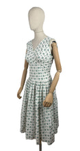 Load image into Gallery viewer, Original 1950’s White Cotton Sleeveless Day Dress with Blue Rosebud Print - Bust 36 37 *