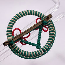 Load image into Gallery viewer, Original 1940's Green, White and Red Wartime Make Do and Mend Wire Brooch with Double Flower Middle *