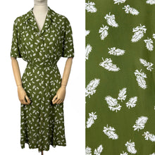Load image into Gallery viewer, Original 1940's Green and Ivory Feather and Bow Novelty Print Dress - Bust 40