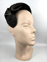 Load image into Gallery viewer, Original 1950’s Black Cotton Velvet Hat with Silver Glass Beads - Perfect Cocktail Hat