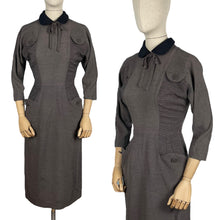 Load image into Gallery viewer, Original 1950's Grey Wiggle Dress with Black Accent Collar and Bow Trim at the Neck - Bust 34