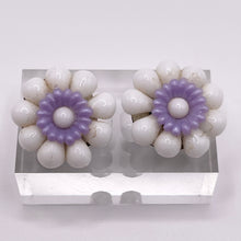 Load image into Gallery viewer, Original 1950's White and Purple Glass Flower Clip on Earrings