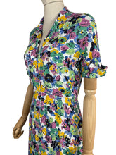 Load image into Gallery viewer, Original 1940's Bold Floral Crepe Day Dress in Pink, Green, Black and Yellow with Mother of Pearl Buttons - Bust 34