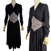 Load image into Gallery viewer, Original Late 1930's or Early 1940's Midnight Blue Crepe Day Dress with Long Sleeves and Amazing Soutache Waist Detail - Bust 34 35
