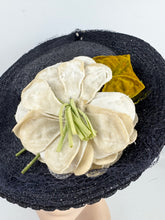 Load image into Gallery viewer, Original Late 1930's or Early 1940's Midnight Blue New York Creations Hat with Velvet Flowers and Net Trim