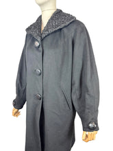 Load image into Gallery viewer, Original 1950's Hilmorn Reg'd Inky Black Wool Coat with Astrakhan Fur Trim - Bust 42 44