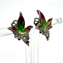 Load image into Gallery viewer, Original 1950's Mid Century Red and Green Enamel Leaf Earrings with Marcasite Detail