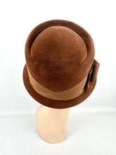 Load image into Gallery viewer, Original 1950’s Warm Brown Felt Hat with Wide Grosgrain Ribbon Trim by Jacoll