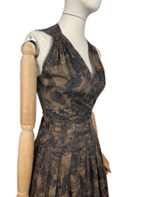 Load image into Gallery viewer, Original 1950's Petite Fit Black and Brown Floral Print Sleeveless Day Dress - Bust 32 34 *