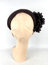 Load image into Gallery viewer, Original 1940's Dark Brown Felt Half Bonnet Hat with Felt Flower Trim by Alden House
