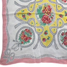 Load image into Gallery viewer, Charming Original 1940's or 1950's Silk Crepe Scarf in Pink, White, Red, Yellow and Green with Flowers and Bow Print - Great Headscarf
