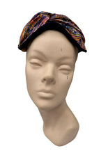 Load image into Gallery viewer, Original 1950's Midnight Blue Vevlet Hat with Bright Jersey Trim in Pink, Yellow, White and Purple