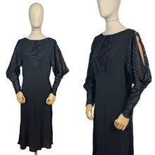 Load image into Gallery viewer, Original 1930's Black Bias Cut Dress with Cold Shoulder Ribbon Work Sleeves - Bust 34 36 38