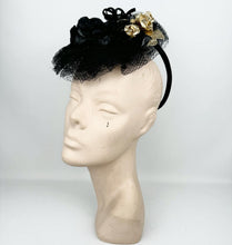 Load image into Gallery viewer, REPRODUCTION 1940's Black and Gold Net and Flower Topper Hat