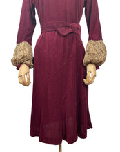 Load image into Gallery viewer, Absolutely Stunning Original 1930's Burgundy Chenille Dress With Bow Belt, Pointed Lace Yoke and Full Sleeves - Bust 34 35