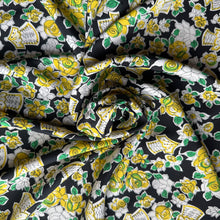 Load image into Gallery viewer, Original 1940's Cold Rayon Novelty Print Dressmaking Fabric in Black, Yellow and Green - 39" x 120"