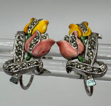 Load image into Gallery viewer, Original 1950's Mid Century Pink and Yellow Enamel and Marcasite Tulip Flower Screw Back Earrings
