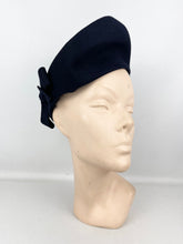 Load image into Gallery viewer, Original Late 1930's or Early 1940's Midnight Blue Felt High Hat with Bow Trim by Reslaw *
