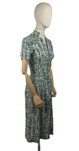 Load image into Gallery viewer, Original 1940's Novelty Print Grey, Green, Black and White Crepe Day Dress Featuring Cats - Bust 32 33 *