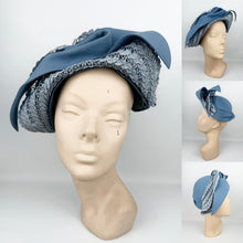 Load image into Gallery viewer, Exceptionally Beautiful Original 1930's Blue Felt Hat with Straw Trim and Seaming Detail *